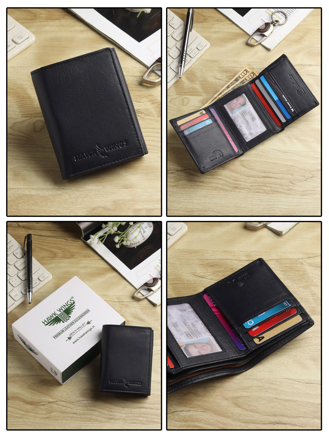 Hawk Wings Men's Genuine Leather Tri-Fold Wallet – RFID Blocking