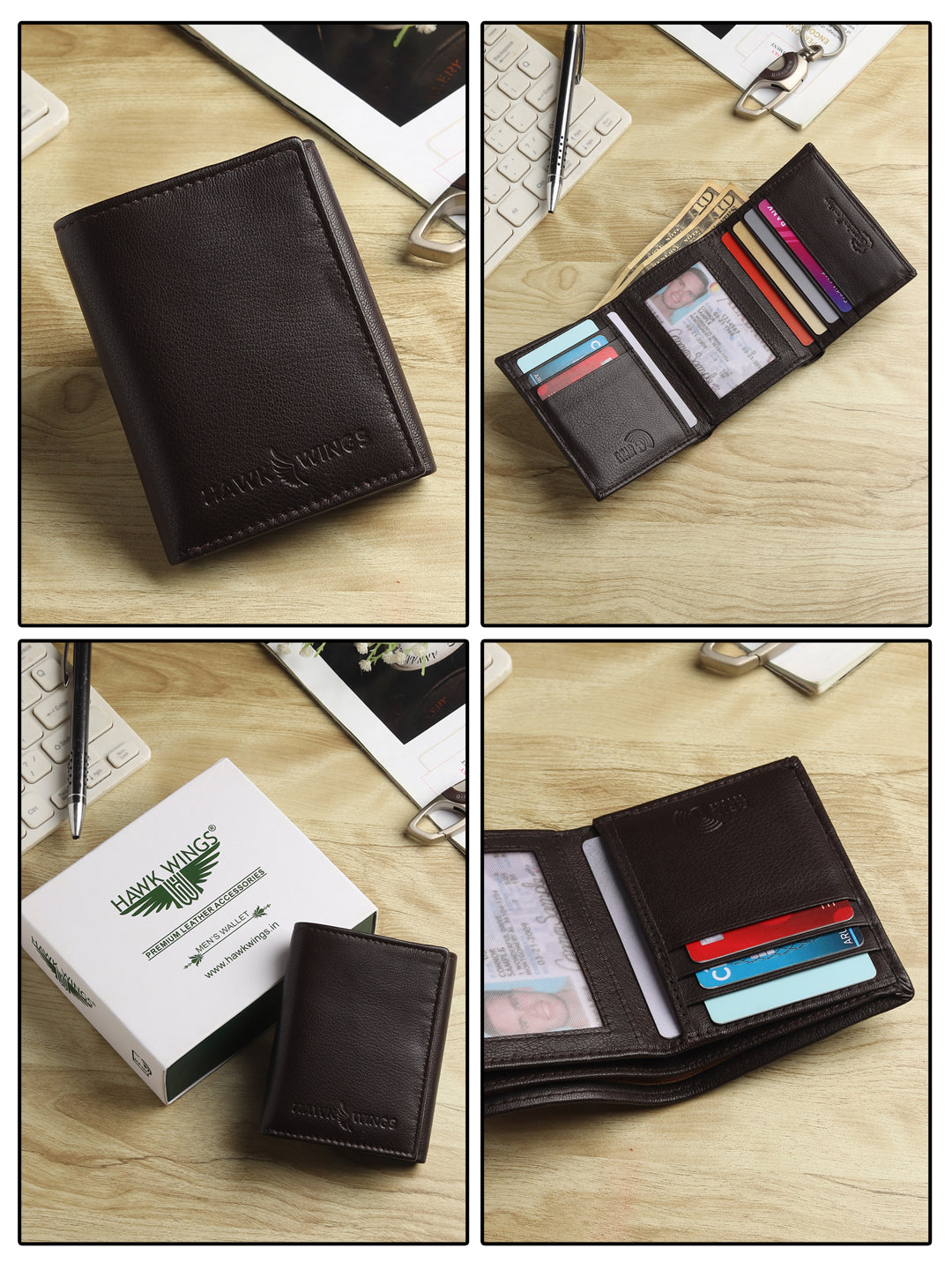 Hawk Wings Men's Genuine Leather Tri-Fold Wallet – RFID Blocking