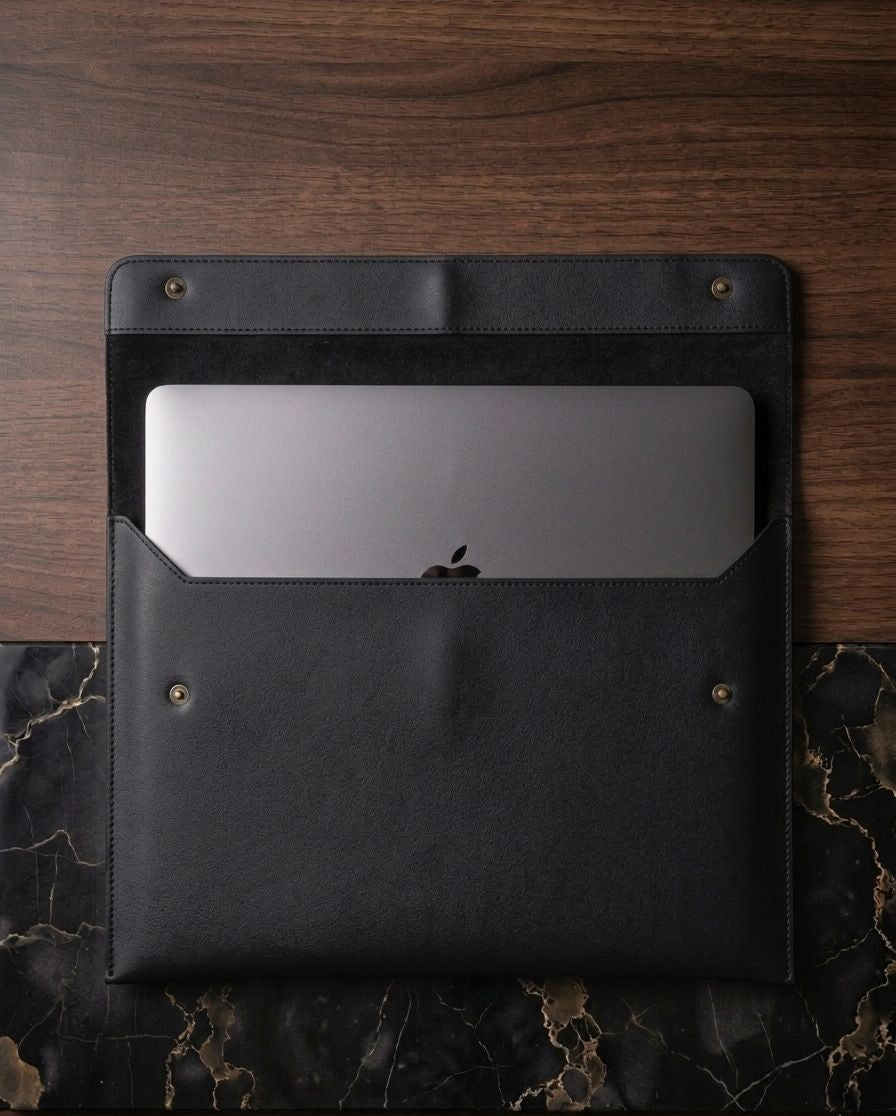 Minimalist Leatherite Laptop Sleeve with Snap Button Closure – Slim Protective Case (Black)