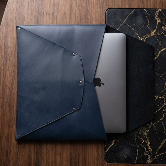 Premium Leatherite Laptop Sleeve with Button Flap – Slim Protective Case (Navy Blue)