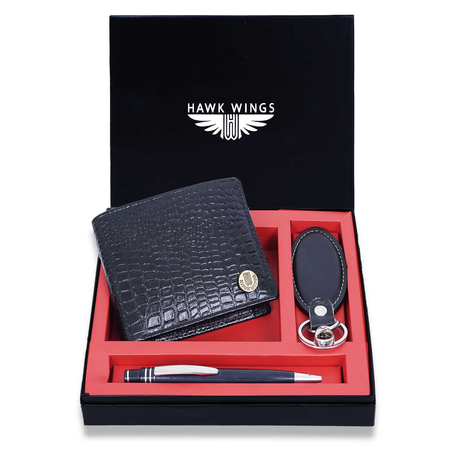 Genuine Leather Wallet Key Ring Pen Combo Gift Set (Black)