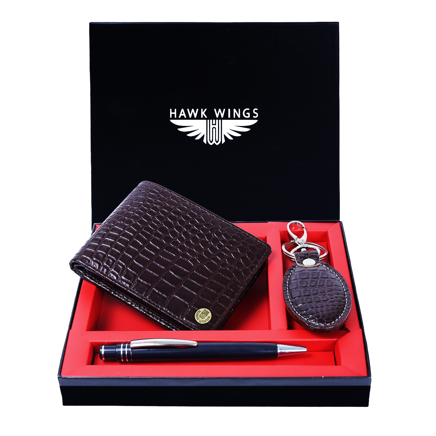 Genuine Leather Wallet Key Ring Pen Combo Gift Set ( Brown)-asset-567