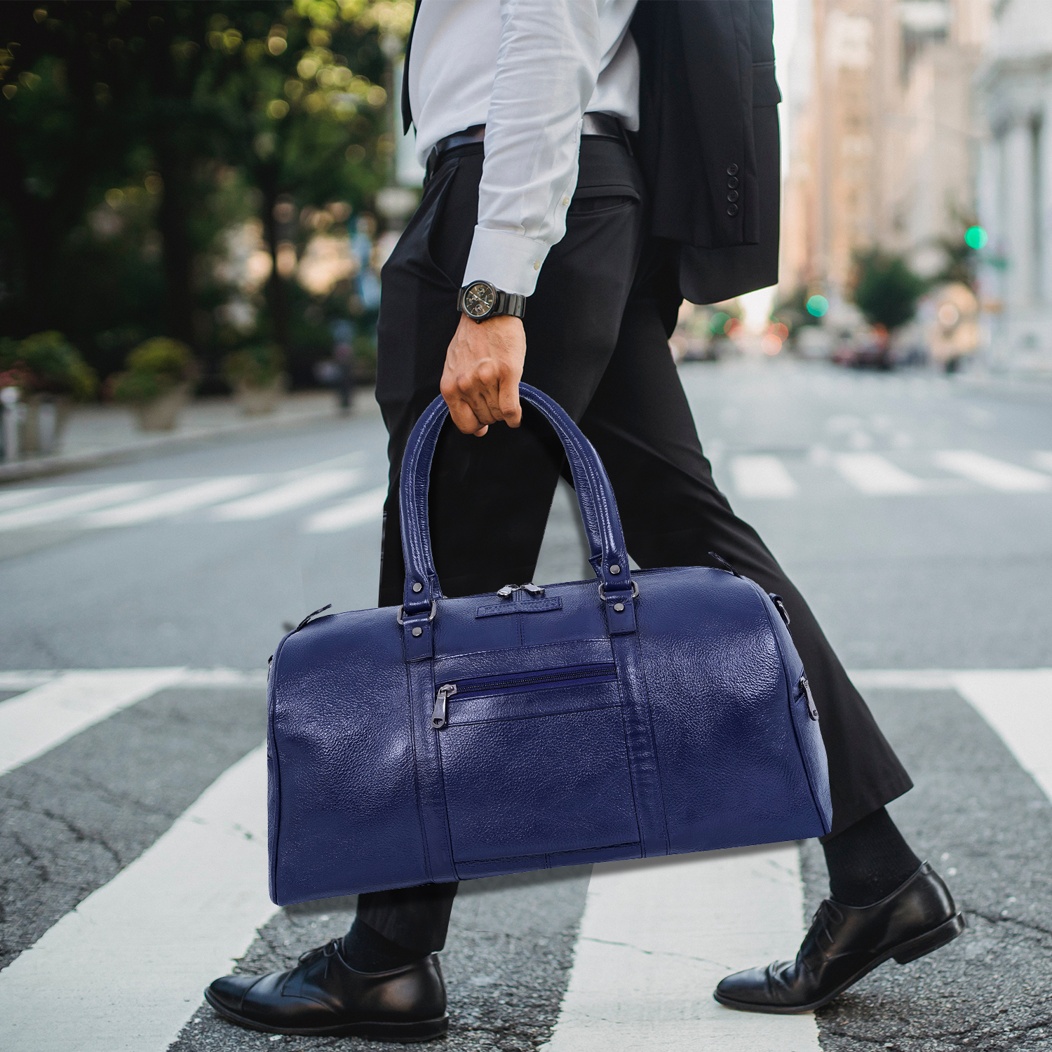  Leather Travel Duffle Bag for Men Women - Leather Duffel Carry on Overnight Weekender Bags (Blue)-asset-209