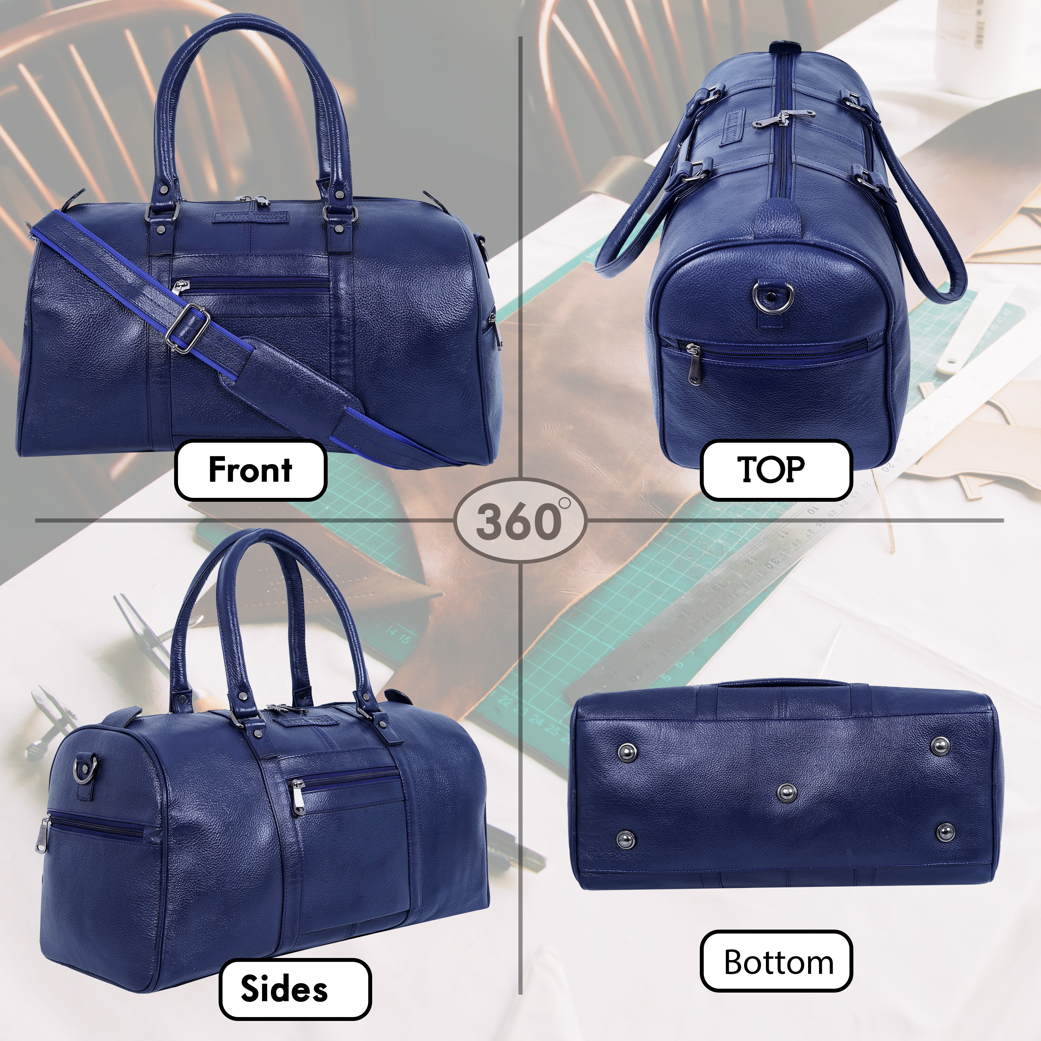  Leather Travel Duffle Bag for Men Women - Leather Duffel Carry on Overnight Weekender Bags (Blue)-asset-205