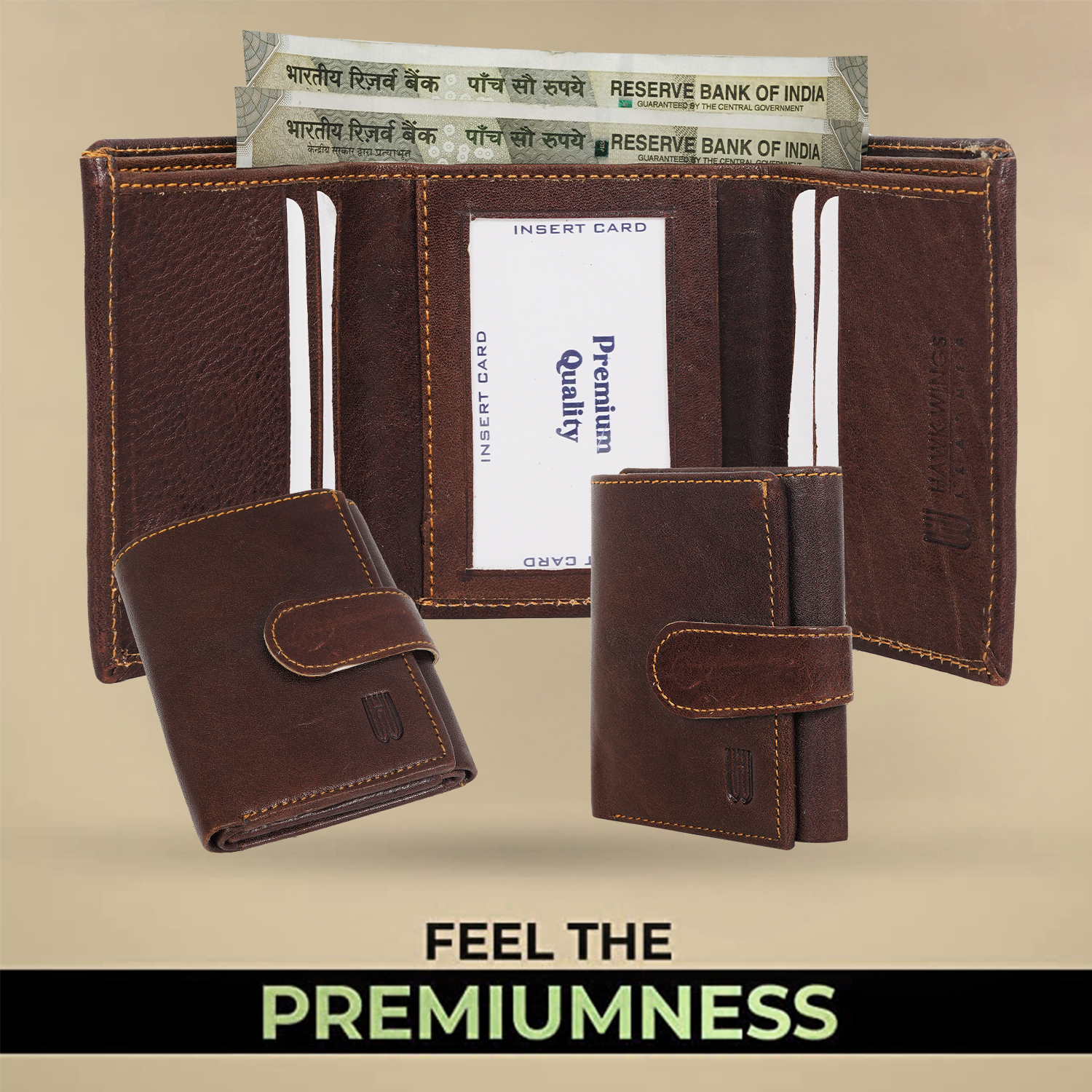 Genuine leather Men 3 fold wallet  (BROWN)-asset-629