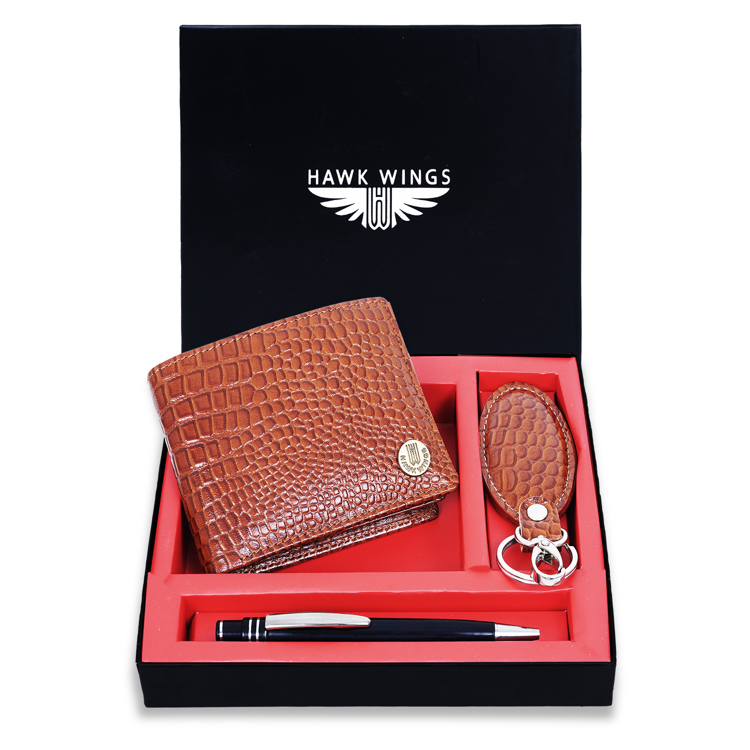 Genuine Leather Wallet Key Ring Pen Combo Gift Set ( Tan)-asset-575